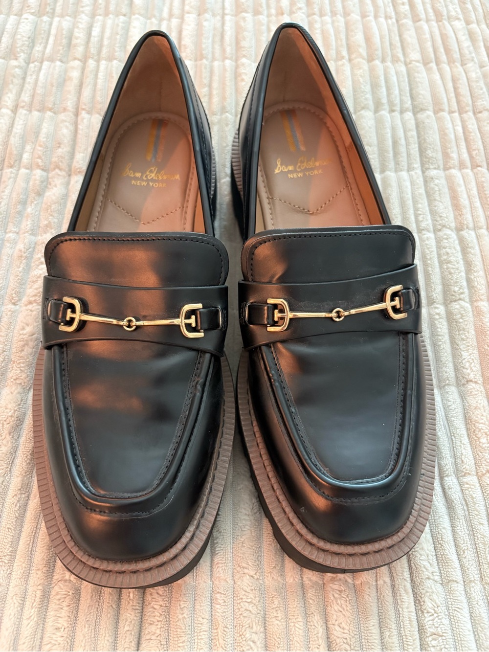 Sam Edelman Black Leather Loafers with Gold Bit